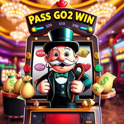 A vibrant and eye-catching slot machine featuring a Monopoly man character as the central figure, exuding charm and excitement