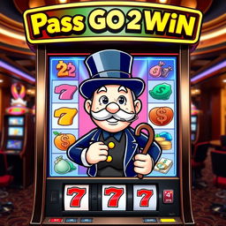 A vibrant and eye-catching slot machine featuring a Monopoly man character as the central figure, exuding charm and excitement