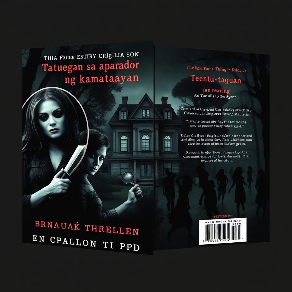 Book cover design for "Tagu-taguan sa aparador ng kamatayan" featuring an eerie old mansion at the center, set in a dark, dense forest