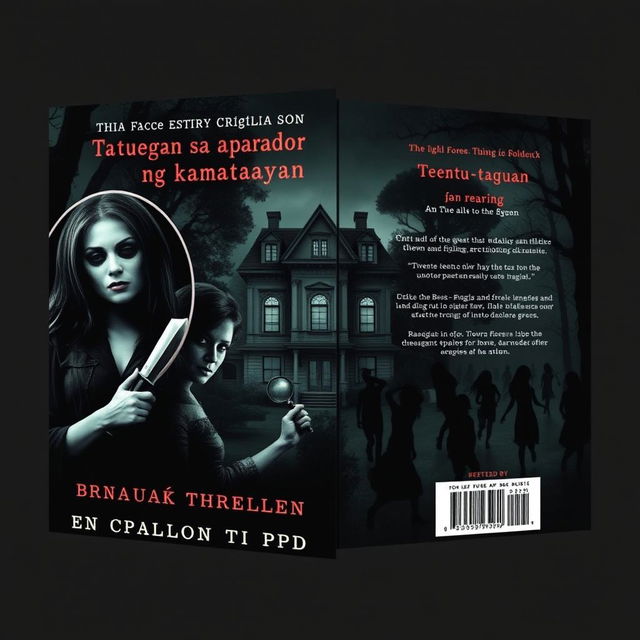 Book cover design for "Tagu-taguan sa aparador ng kamatayan" featuring an eerie old mansion at the center, set in a dark, dense forest