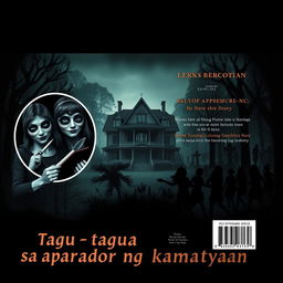 Book cover design for "Tagu-taguan sa aparador ng kamatayan" featuring an eerie old mansion at the center, set in a dark, dense forest