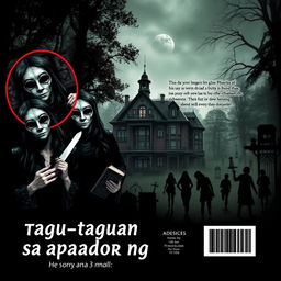 Book cover design for "Tagu-taguan sa aparador ng kamatayan" featuring an eerie old mansion at the center, set in a dark, dense forest