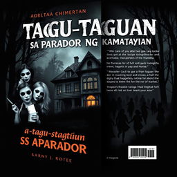 Book cover design for "Tagu-taguan sa aparador ng kamatayan" featuring an eerie old mansion at the center, set in a dark, dense forest
