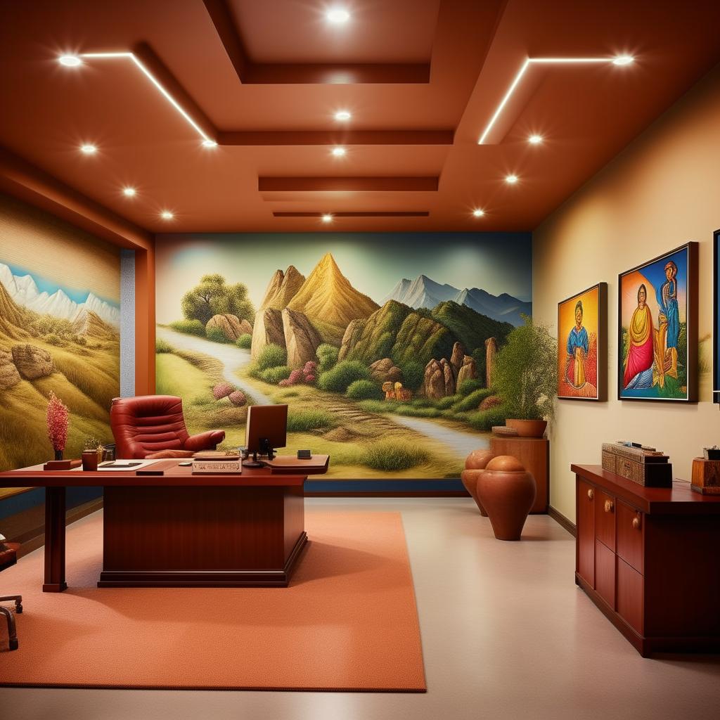 Recreate the chief's office on a campus with a Nepali theme, this time using cool colors instead of warm. The office should have wall pictures showcasing Nepali culture and a simple, non-extravagant design.