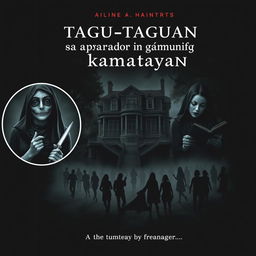 A haunting book cover for "Tagu-taguan sa aparador ng kamatayan", featuring an old mansion in the center, surrounded by a dense, eerie forest