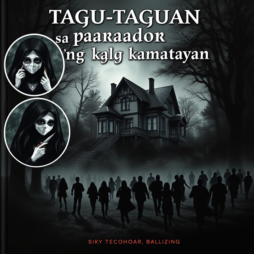 A haunting book cover for "Tagu-taguan sa aparador ng kamatayan", featuring an old mansion in the center, surrounded by a dense, eerie forest