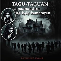 A haunting book cover for "Tagu-taguan sa aparador ng kamatayan", featuring an old mansion in the center, surrounded by a dense, eerie forest