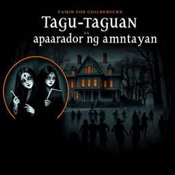 A haunting book cover for "Tagu-taguan sa aparador ng kamatayan", featuring an old mansion in the center, surrounded by a dense, eerie forest