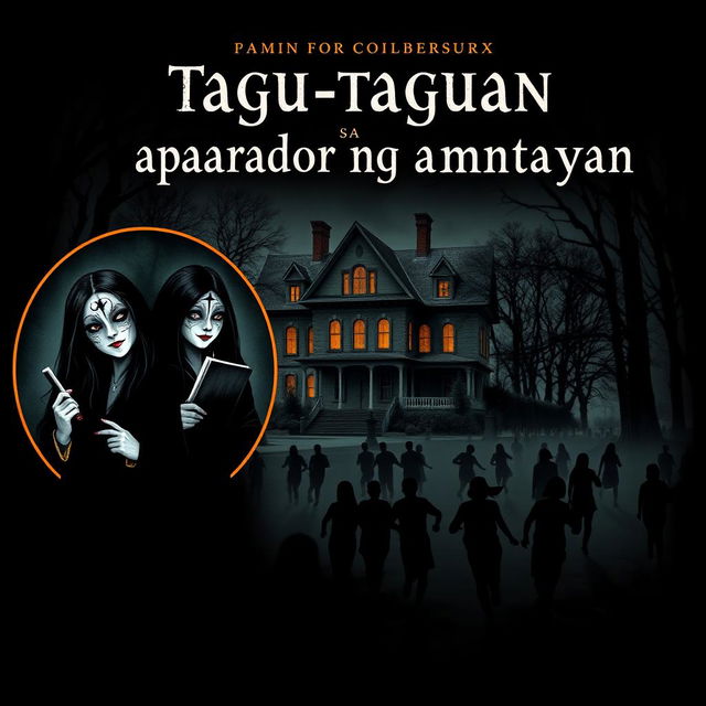 A haunting book cover for "Tagu-taguan sa aparador ng kamatayan", featuring an old mansion in the center, surrounded by a dense, eerie forest