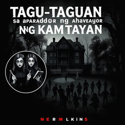 A haunting book cover for "Tagu-taguan sa aparador ng kamatayan", featuring an old mansion in the center, surrounded by a dense, eerie forest