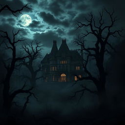 A large, ominous mansion standing tall in the center of a dark, eerie forest, surrounded by towering, twisted trees