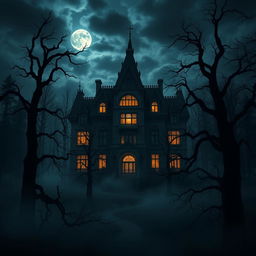 A large, ominous mansion standing tall in the center of a dark, eerie forest, surrounded by towering, twisted trees