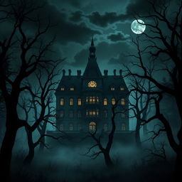 A large, ominous mansion standing tall in the center of a dark, eerie forest, surrounded by towering, twisted trees