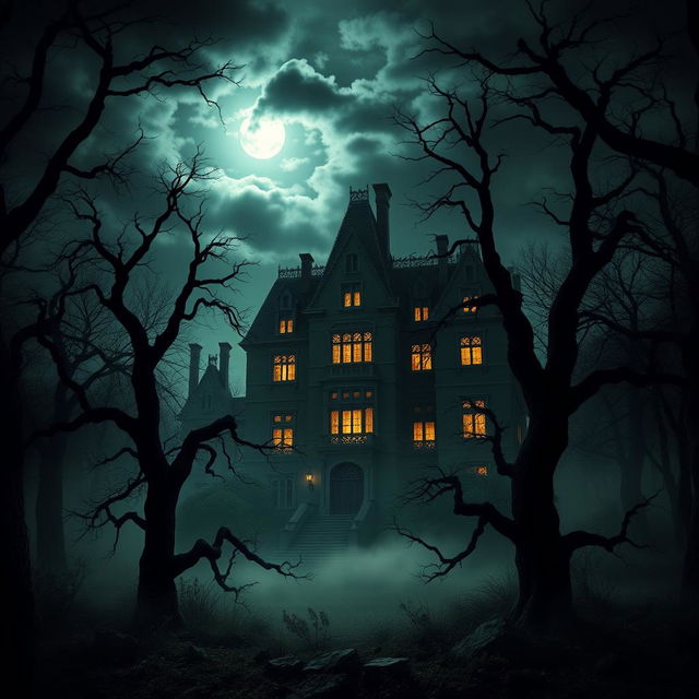 A large, ominous mansion standing tall in the center of a dark, eerie forest, surrounded by towering, twisted trees