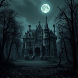A big, scary mansion surrounded by a dark, dense forest, creating an eerie and mysterious atmosphere