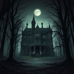 A big, scary mansion surrounded by a dark, dense forest, creating an eerie and mysterious atmosphere