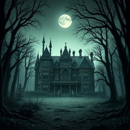 A big, scary mansion surrounded by a dark, dense forest, creating an eerie and mysterious atmosphere