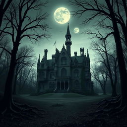 A big, scary mansion surrounded by a dark, dense forest, creating an eerie and mysterious atmosphere