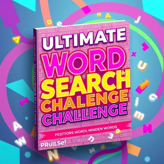 A vibrant and exciting book cover for a word search puzzle book titled "Ultimate Word Search Challenge"