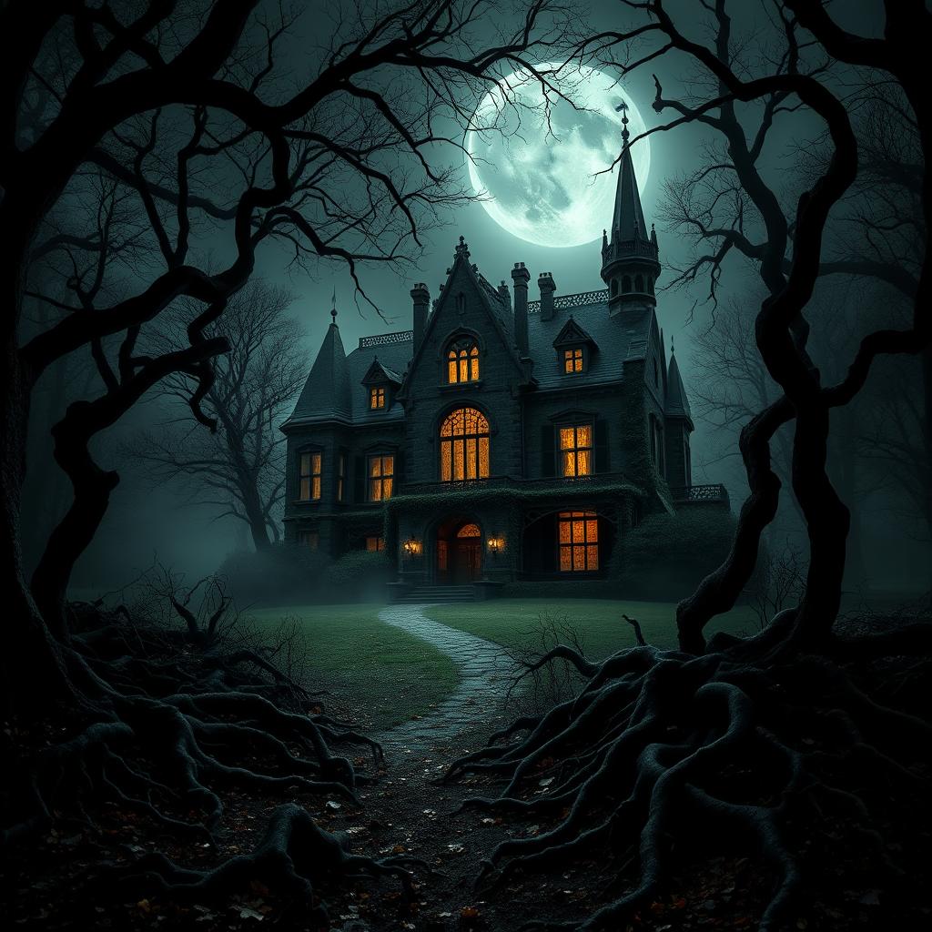 A dramatic landscape featuring a big, scary mansion situated in the middle of a dark, dense forest