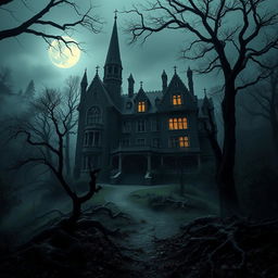 A dramatic landscape featuring a big, scary mansion situated in the middle of a dark, dense forest