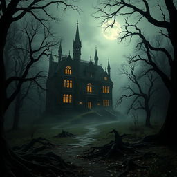 A dramatic landscape featuring a big, scary mansion situated in the middle of a dark, dense forest