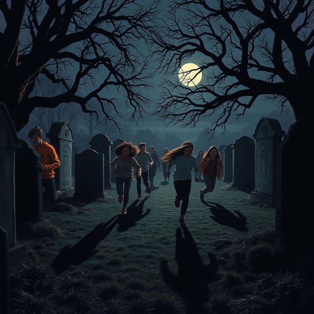 A dark and atmospheric scene in a graveyard at twilight, featuring nine teenagers of diverse ethnicities engaged in a playful game of hide and seek