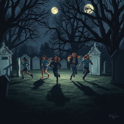 A dark and atmospheric scene in a graveyard at twilight, featuring nine teenagers of diverse ethnicities engaged in a playful game of hide and seek