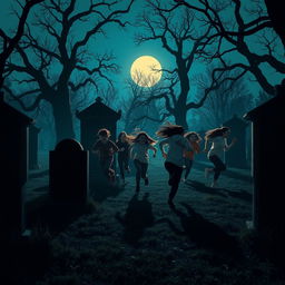 A dark and atmospheric scene in a graveyard at twilight, featuring nine teenagers of diverse ethnicities engaged in a playful game of hide and seek