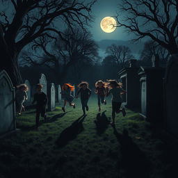 A dark and atmospheric scene in a graveyard at twilight, featuring nine teenagers of diverse ethnicities engaged in a playful game of hide and seek
