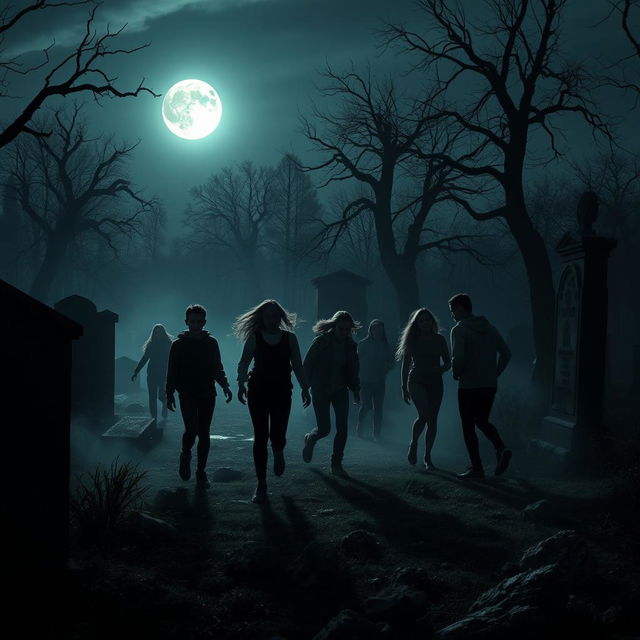 A mysterious scene in a dimly lit graveyard at dusk, featuring nine teenagers playing a game of hide and seek