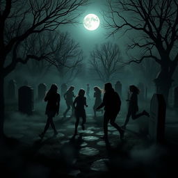 A mysterious scene in a dimly lit graveyard at dusk, featuring nine teenagers playing a game of hide and seek