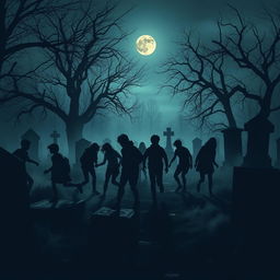 A mysterious scene in a dimly lit graveyard at dusk, featuring nine teenagers playing a game of hide and seek
