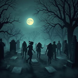 A mysterious scene in a dimly lit graveyard at dusk, featuring nine teenagers playing a game of hide and seek
