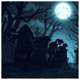 Nine animated teenagers playing hide and seek in a dark, eerie graveyard, their figures appearing as silhouettes or shadows against the moonlit background