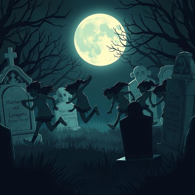 Nine animated teenagers playing hide and seek in a dark, eerie graveyard, their figures appearing as silhouettes or shadows against the moonlit background