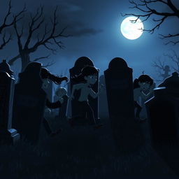 Nine animated teenagers playing hide and seek in a dark, eerie graveyard, their figures appearing as silhouettes or shadows against the moonlit background