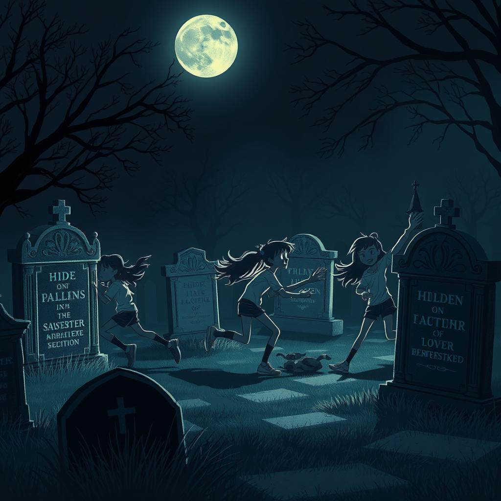 Nine animated teenagers playing hide and seek in a dark, eerie graveyard, their figures appearing as silhouettes or shadows against the moonlit background