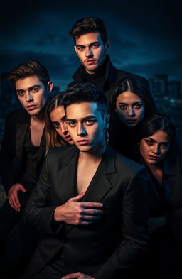 A dark and moody composition featuring Zayn Malik, Marcus Baker, Louis Partridge, Melissa Barrera, India Eisley, and Mackenzie Foy in a stylish, cinematic setting