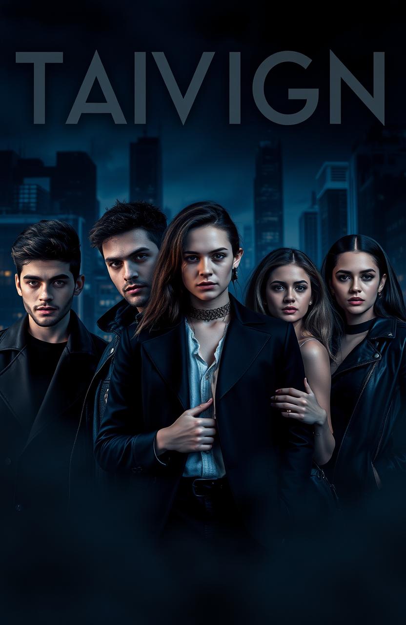 A dark and moody composition featuring Zayn Malik, Marcus Baker, Louis Partridge, Melissa Barrera, India Eisley, and Mackenzie Foy in a stylish, cinematic setting