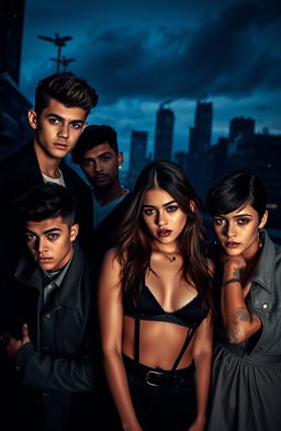 A dark and moody composition featuring Zayn Malik, Marcus Baker, Louis Partridge, Melissa Barrera, India Eisley, and Mackenzie Foy in a stylish, cinematic setting