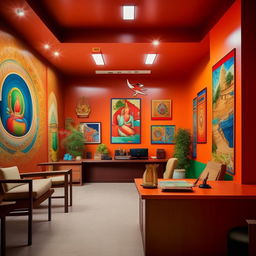 Recreate the chief's office on a campus with a Nepali theme, this time using cool colors instead of warm. The office should have wall pictures showcasing Nepali culture and a simple, non-extravagant design.