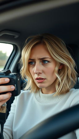 A 30-35 year old woman sitting in the driver’s seat of a car, filming herself with a camera while crying heavily
