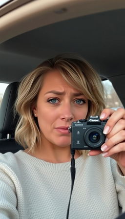 A 30-35 year old woman sitting in the driver’s seat of a car, filming herself with a camera while crying heavily