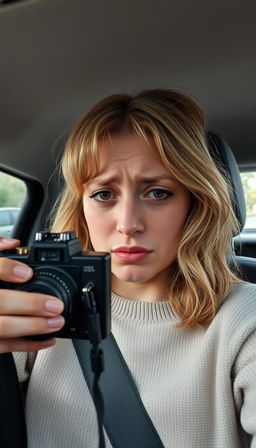 A 30-35 year old woman sitting in the driver’s seat of a car, filming herself with a camera while crying heavily