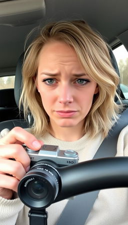 A 30-35 year old woman sitting in the driver’s seat of a car, filming herself with a camera while crying heavily
