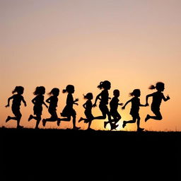 nine children running, depicted only as shadows against a soft, warm sunset background, elongated shadows stretching across a grassy field, playful and dynamic movement captured in shadow form, silhouettes with varied postures and heights, evoking a sense of freedom and joy