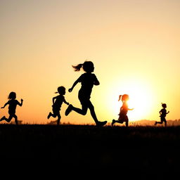 nine children running, depicted only as shadows against a soft, warm sunset background, elongated shadows stretching across a grassy field, playful and dynamic movement captured in shadow form, silhouettes with varied postures and heights, evoking a sense of freedom and joy