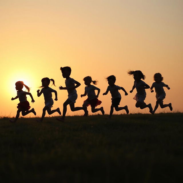 nine children running, depicted only as shadows against a soft, warm sunset background, elongated shadows stretching across a grassy field, playful and dynamic movement captured in shadow form, silhouettes with varied postures and heights, evoking a sense of freedom and joy