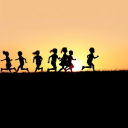 nine children running, depicted only as shadows against a soft, warm sunset background, elongated shadows stretching across a grassy field, playful and dynamic movement captured in shadow form, silhouettes with varied postures and heights, evoking a sense of freedom and joy